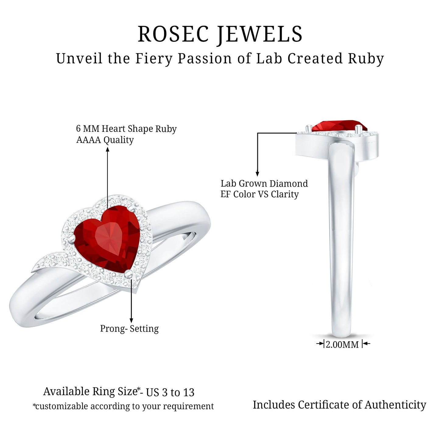 6 MM Lab Grown Ruby Heart Engagement Ring with Diamond Halo