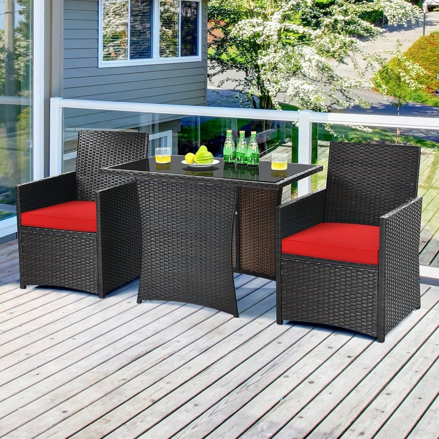 3-Piece Patio Furniture Outdoor Dining Set in Brown PE Rattan with Red Cushions-1