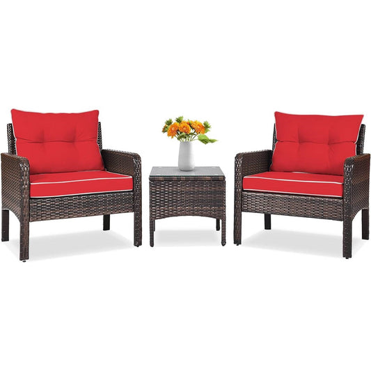 3-Piece Brown PE Rattan Outdoor Dining Patio Furniture Set with Red Cushions-0
