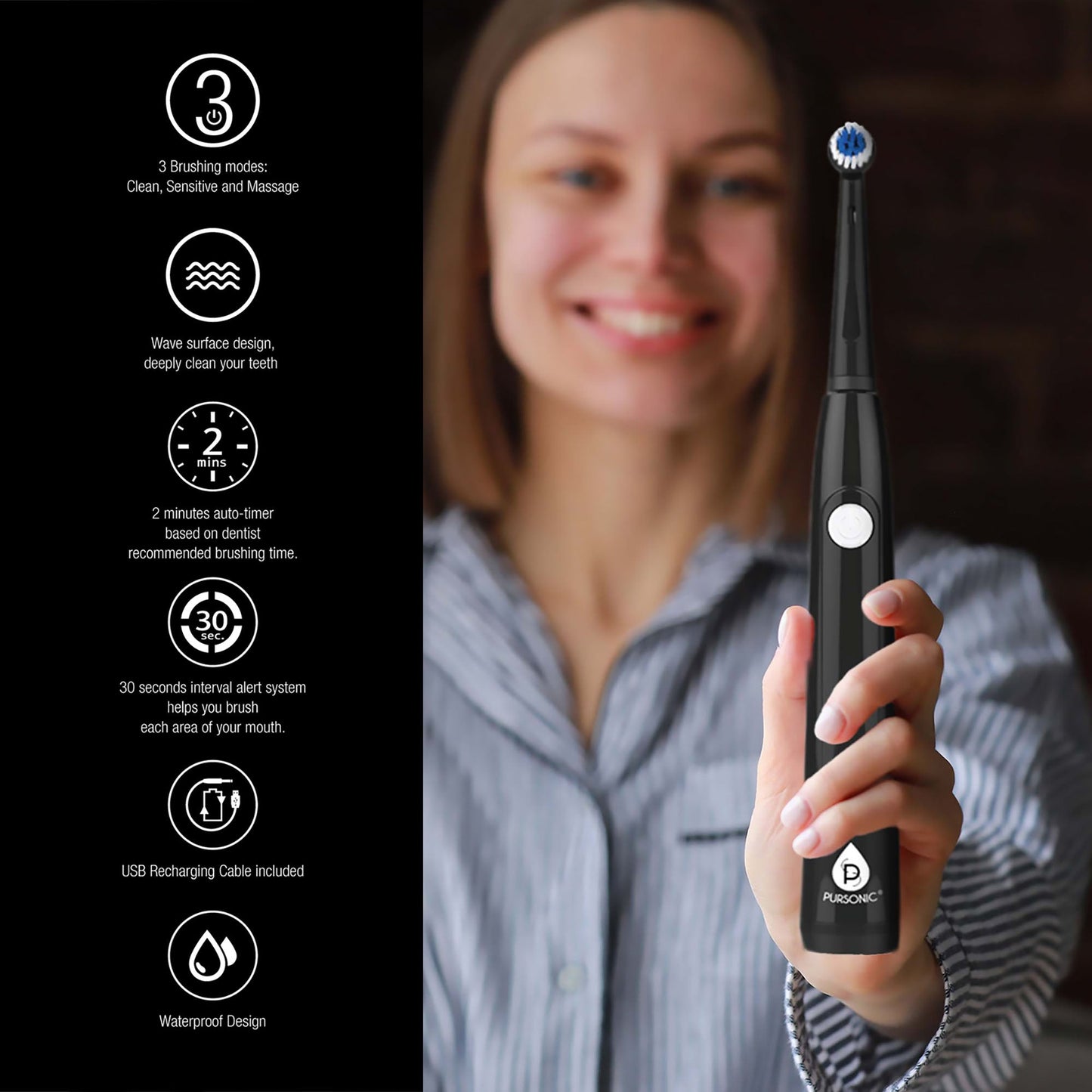 Him’s and Her’s Pursonic USB Rechargeable Rotary Toothbrush Bundle – Black & White Set with 6 Brush Heads and UV Sanitizer Design-1