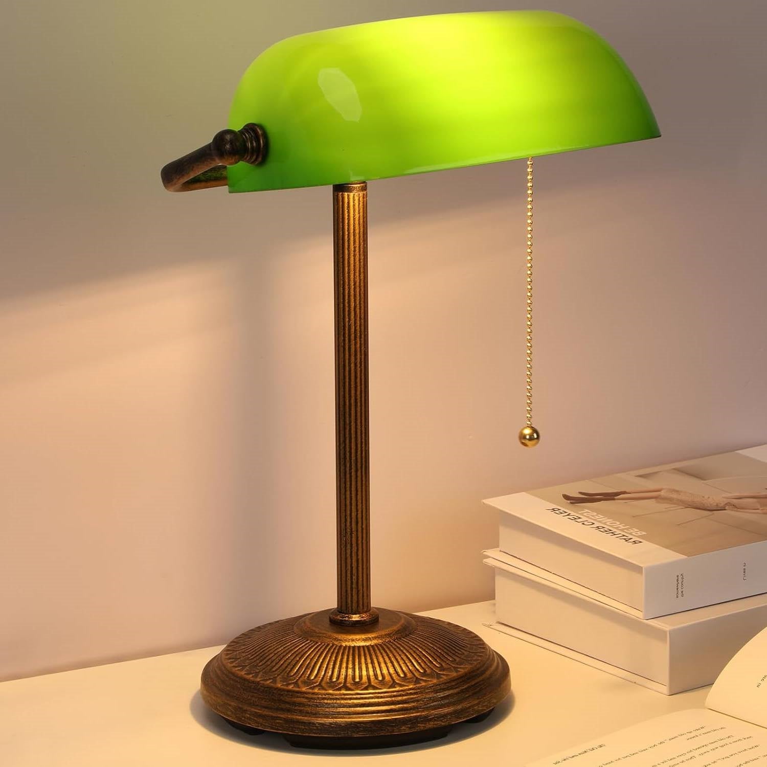 Classic Bankers Lamp Desk Light with Green Glass Shade and Gold Base-2