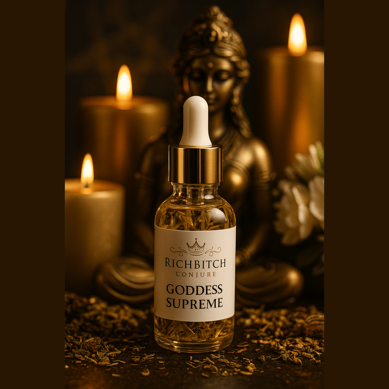 Bottle of 'Goddess Supreme' with a dropper labeled 'Richbitch Conjure' in front of a statue and candles. Rich Bitch Conjure – Goddess Supreme Oil | Luxury Divine Feminine Conjure for Sovereign Power & Abundance