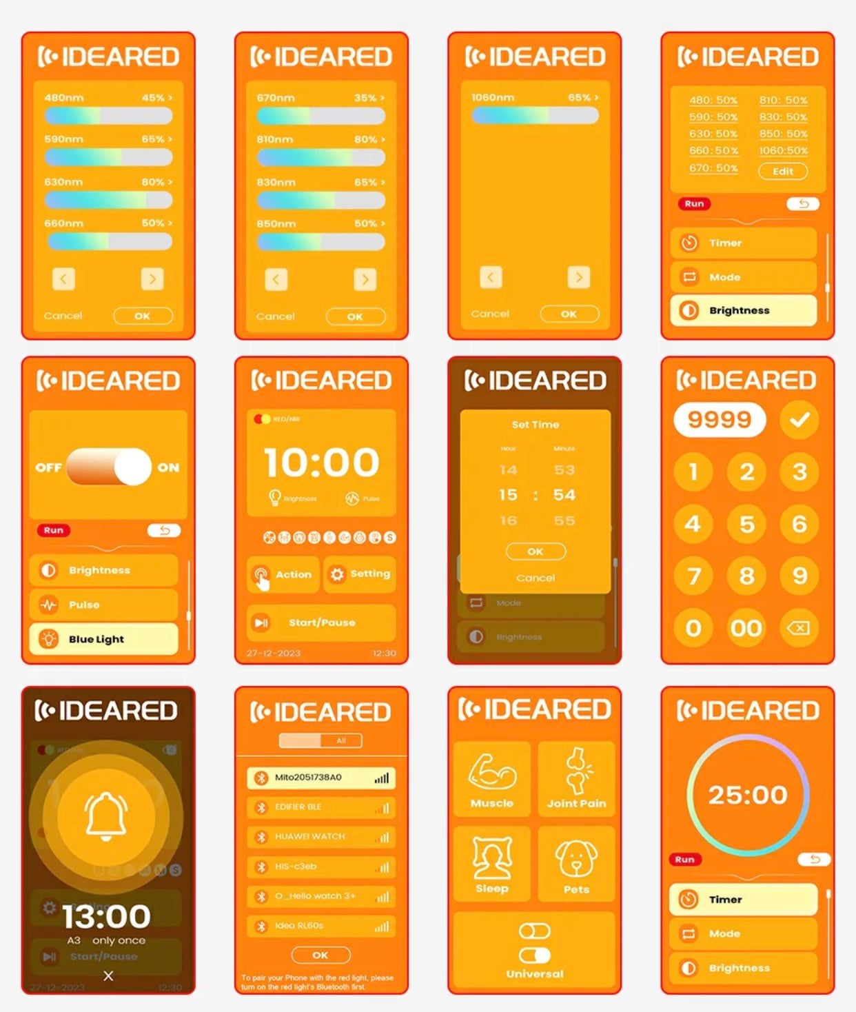 Collection of IDEARED app interface screens on an orange background