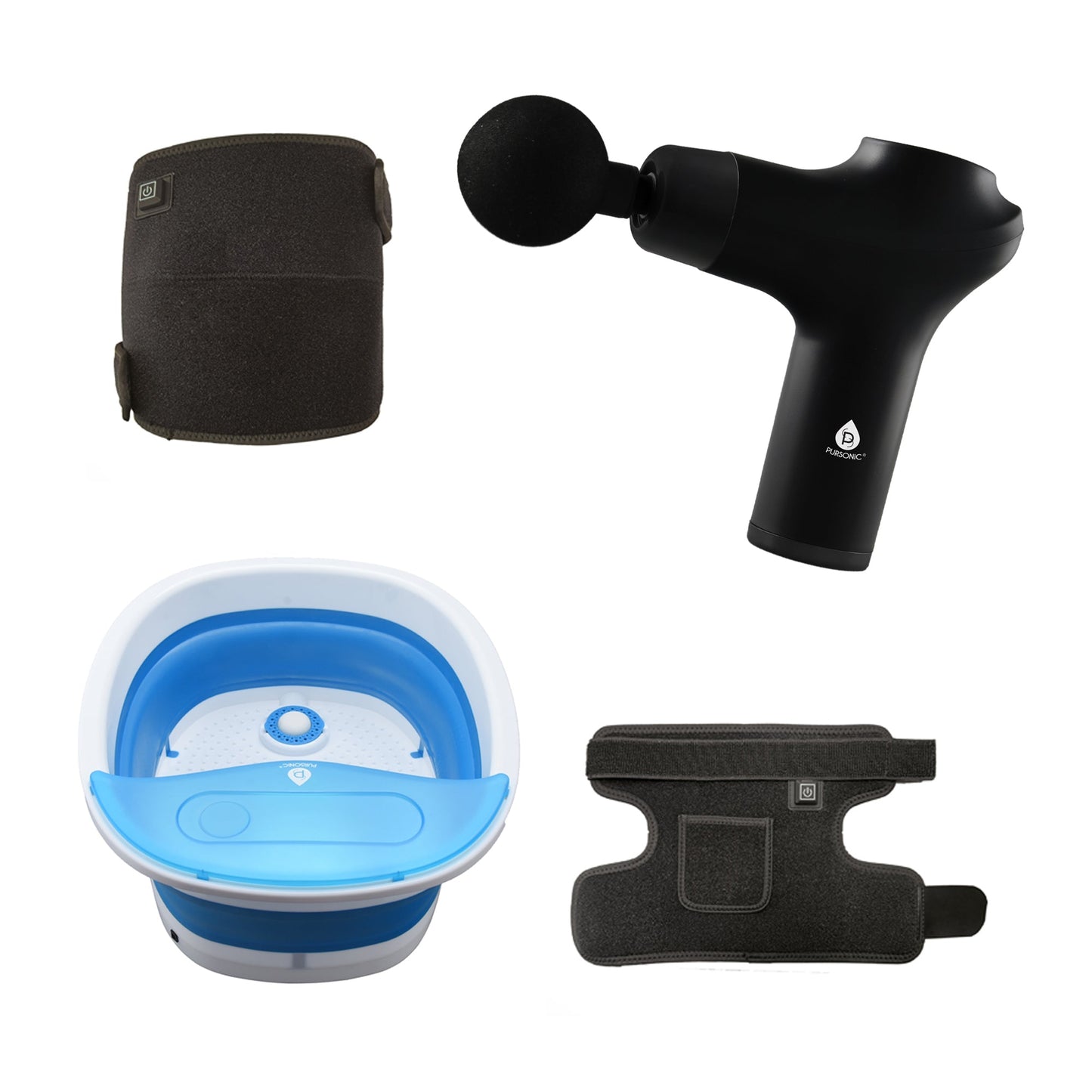 Pursonic Home Recovery Essentials: Red Light Knee & Shoulder Pads, 3-Speed Massage Gun, & Collapsible Foot Spa-0