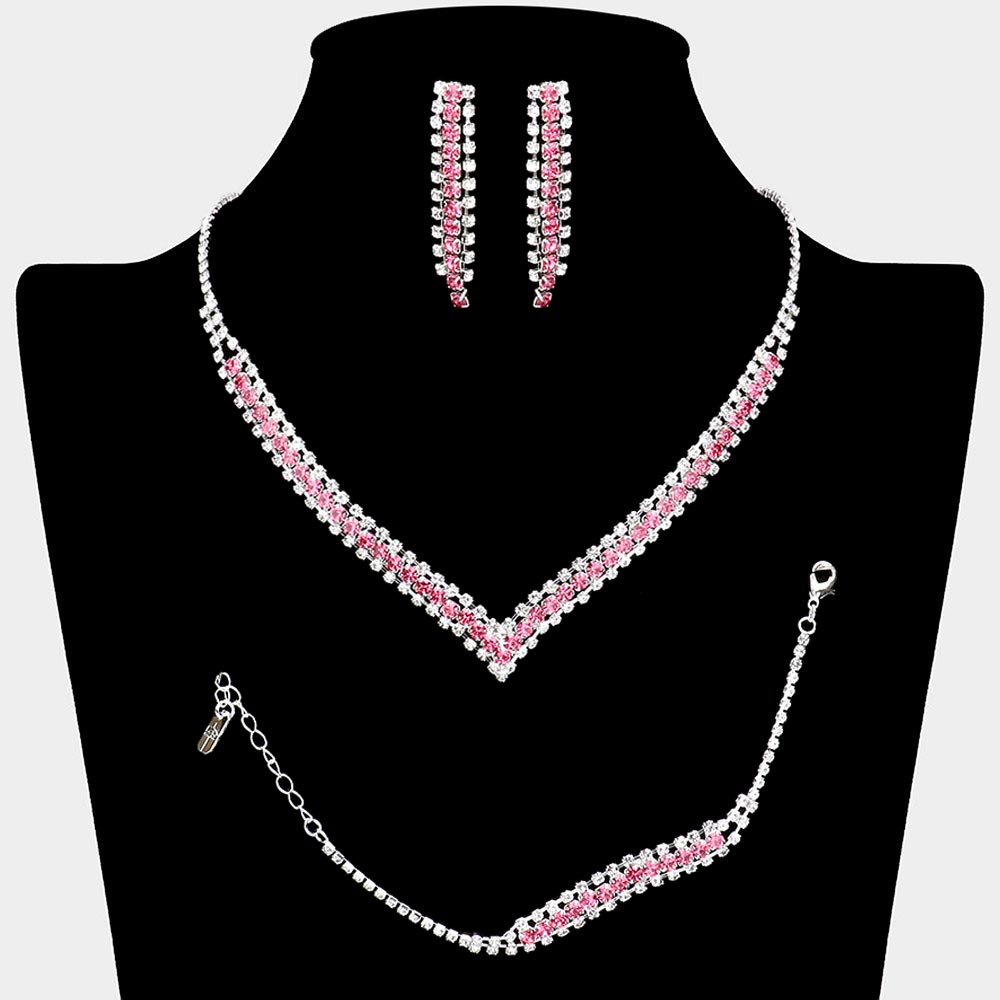 3PCS - Round Stone Detail Rhinestone Necklace Jewelry Set
