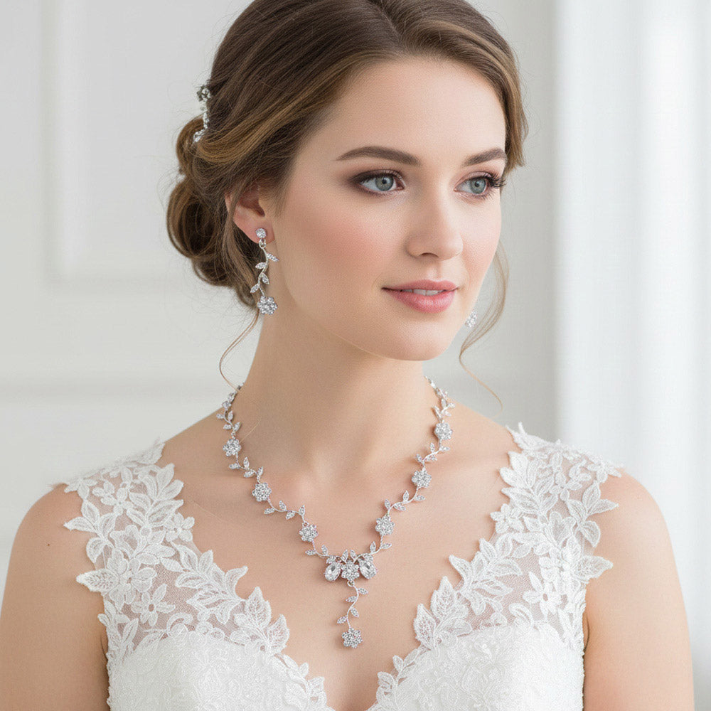 Flower Leaf Cluster Vine Rhinestone Necklace