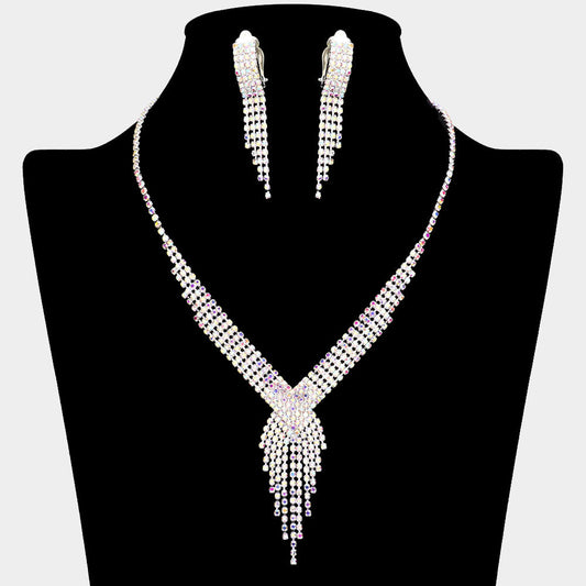 Rhinestone Pave Fringe Necklace & Clip Earring Set