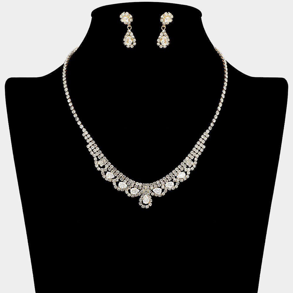 CZ Teardrop Stone Cluster Accent Rhinestone Paved Necklace