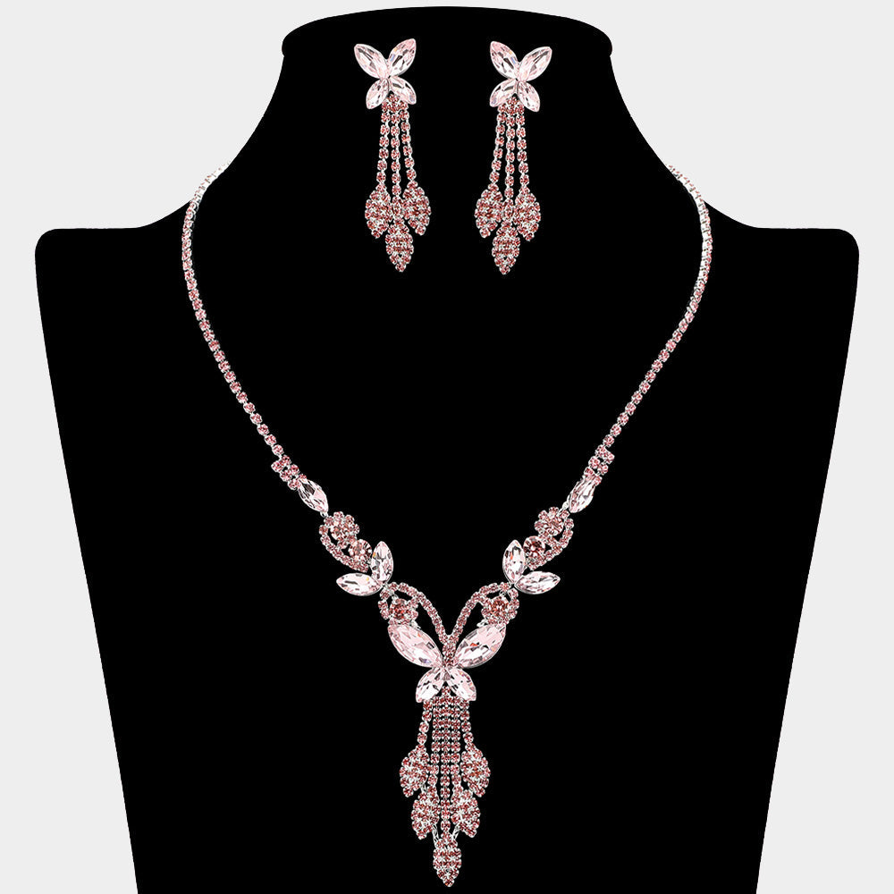 Marquise Stone Cluster Butterfly Drop Accent Rhinestone Paved Necklace