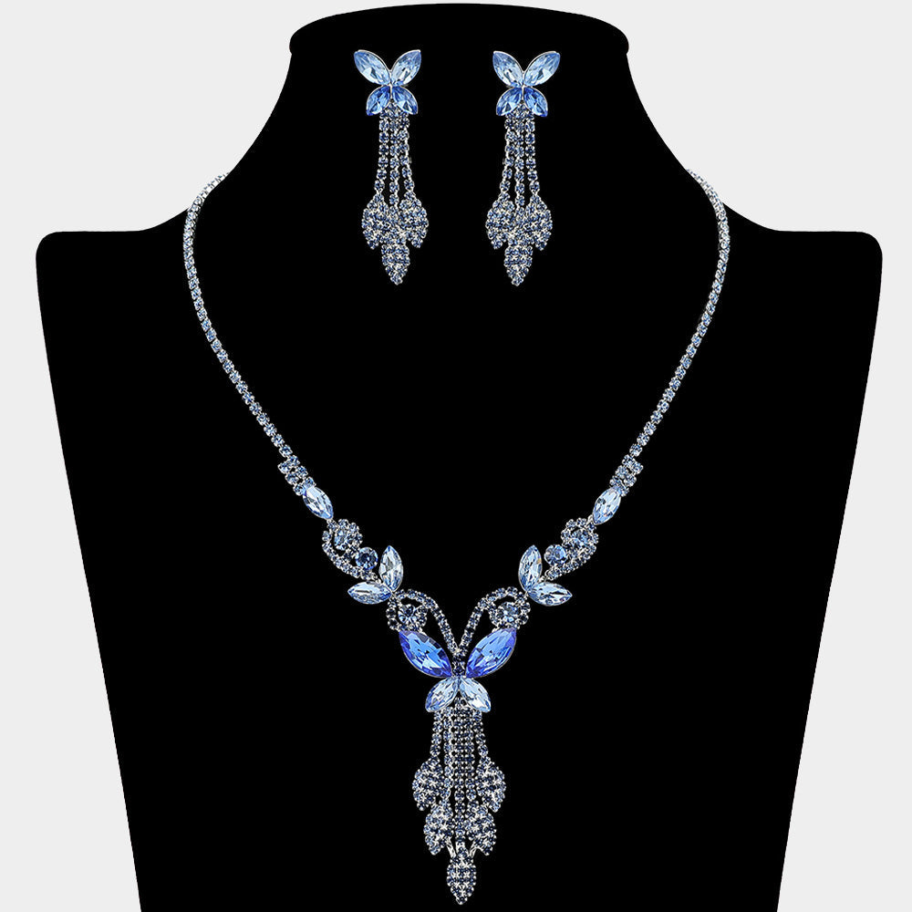 Marquise Stone Cluster Butterfly Drop Accent Rhinestone Paved Necklace