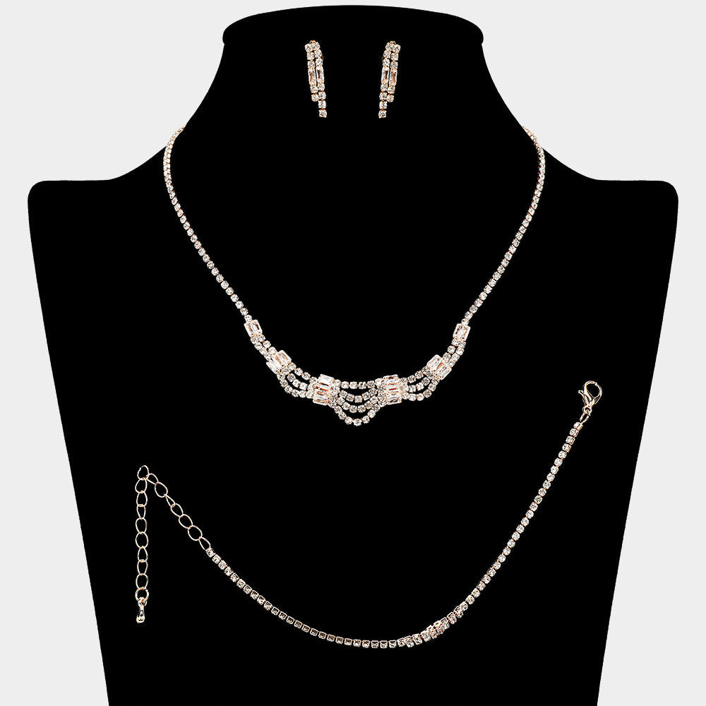 CZ Baguette Stone Tube Pointed Rhinestone Paved Jewelry Set