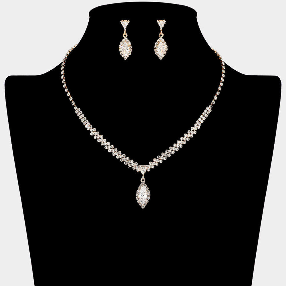 Marquise CZ Stone Pendant Accent Rhinestone Paved Necklace