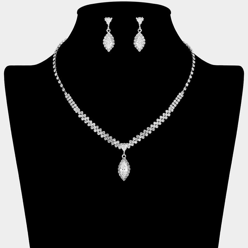 Marquise CZ Stone Pendant Accent Rhinestone Paved Necklace