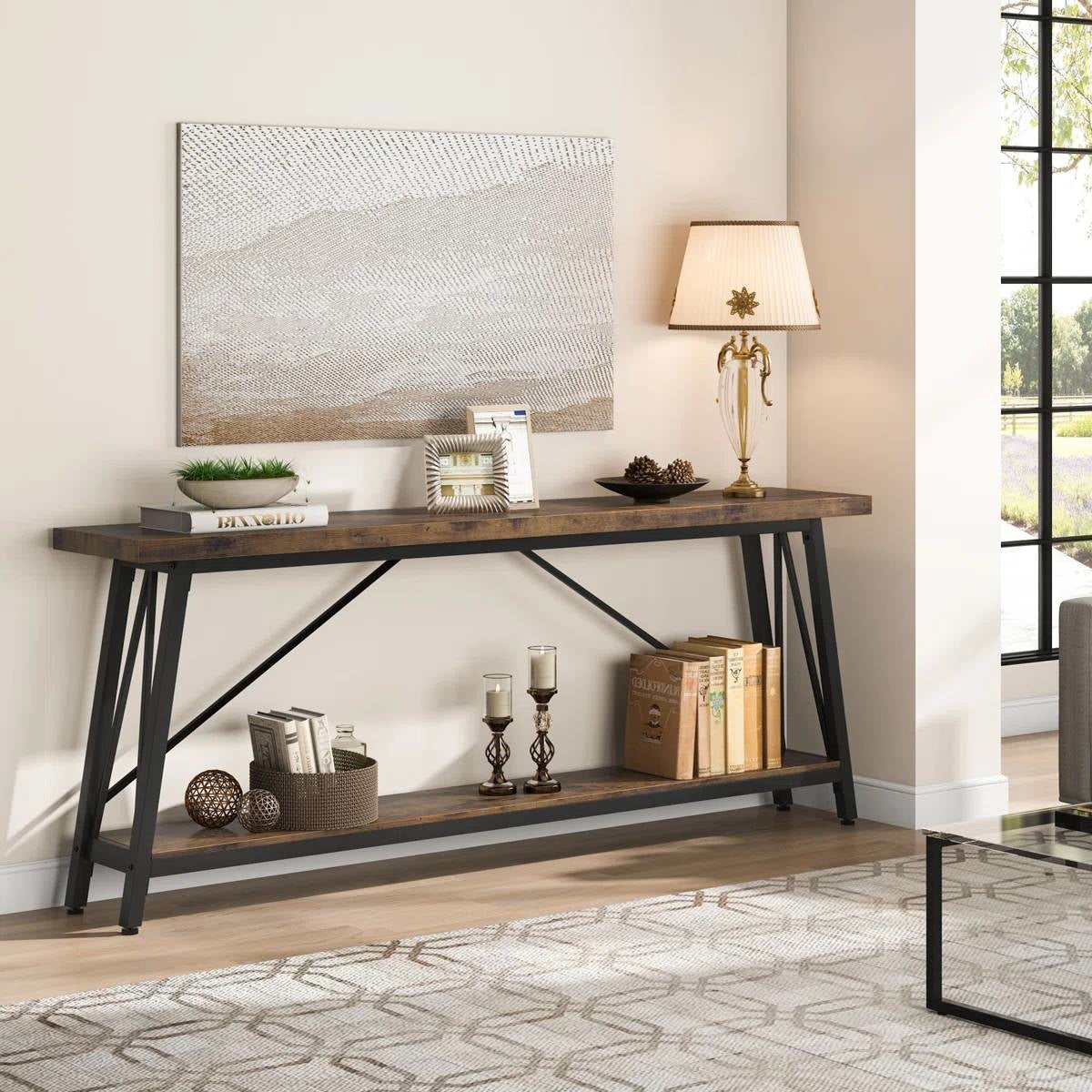 Sturdy 70-inch Industrial Brown Wood Top Console Table with Black Metal Frame-2