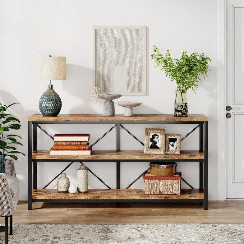 Industrial 55-inch Wood Shelf Console Sofa Table with Sturdy Black Metal Frame-1