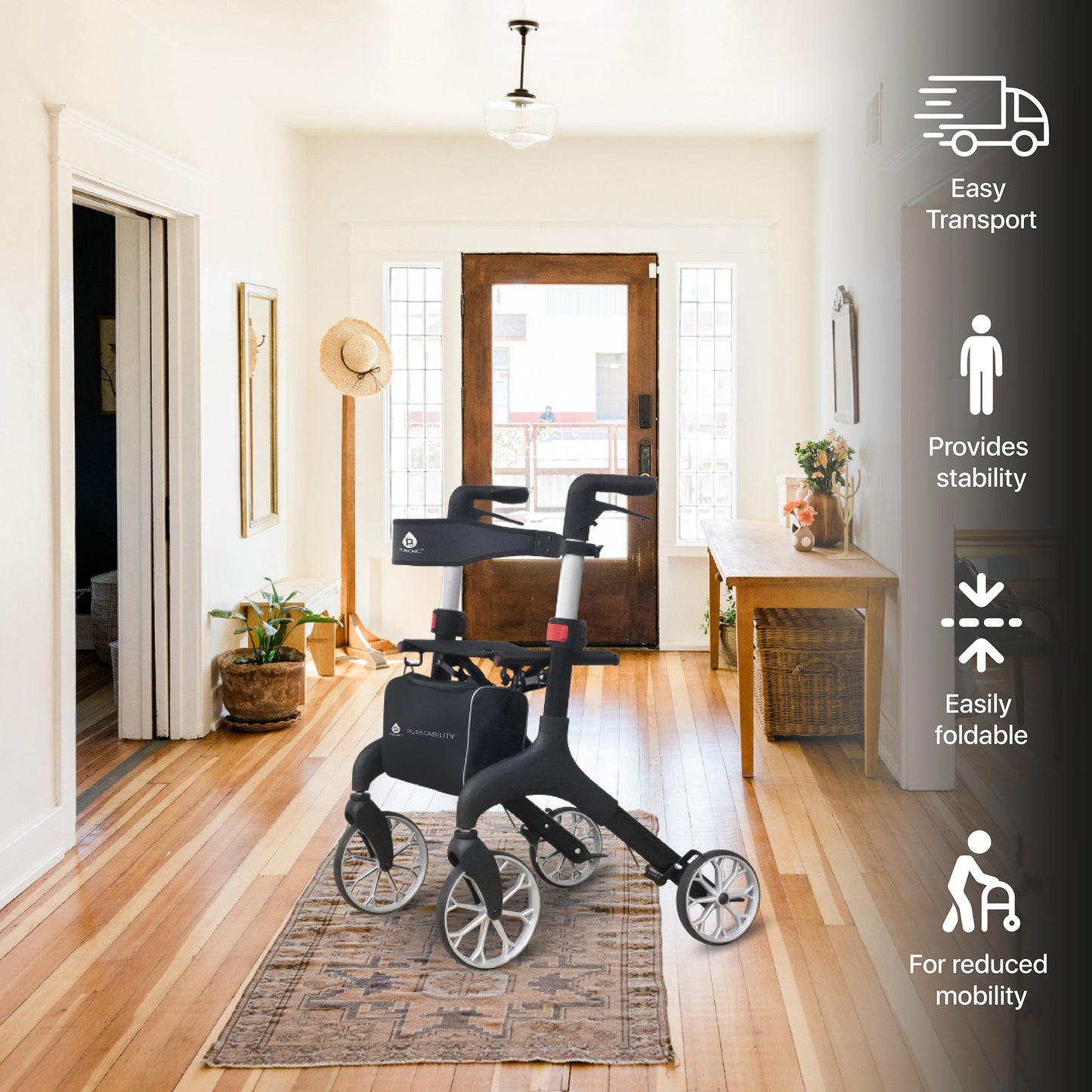 Foldable Wheeled Walker with Adjustable Height, 9-Inch Front and 8-Inch Rear Wheels, 300 lb Capacity-1