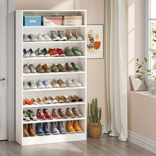 Modern 8-Shelf Shoe Rack Shelving Unit for Closet Storage in White Wood Finish-0