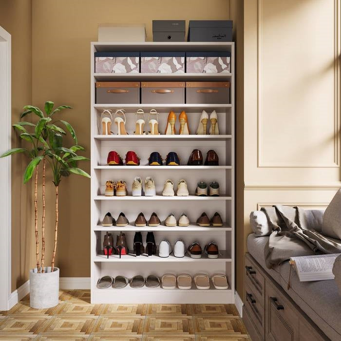 Modern 8-Shelf Shoe Rack Shelving Unit for Closet Storage in White Wood Finish-1