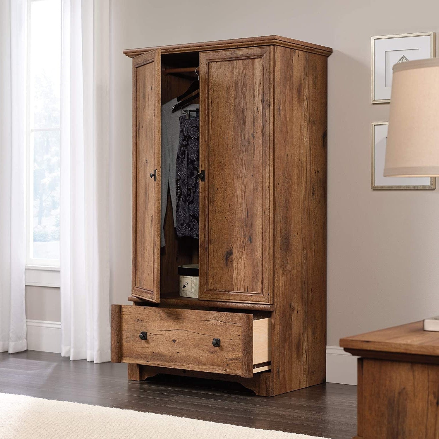 Rustic Oak Drawer and Garment Rod Wardrobe Armoire-2