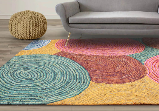 5' 4''x7' 6'' Hand Tufted Cotton Circle Medley Multi Color Cotton Area Rug  Oriental Area Rug Pink, Gold Color-0
