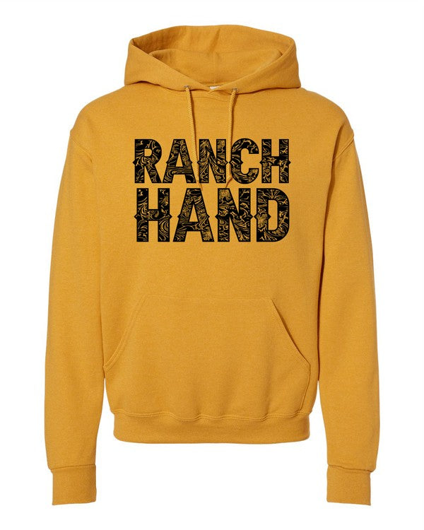 Ranch Hand Graphic Hoodie Sweatshirt | Western Country Pullover Hoodie in mustard yellow