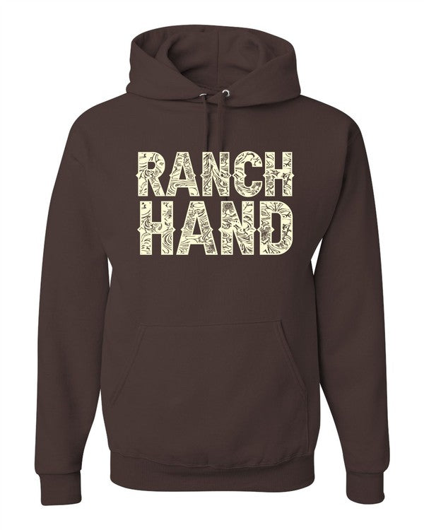 Brown hoodie with 'Ranch Hand' text on a white background Ranch Hand Graphic Hoodie Sweatshirt | Western Country Pullover Hoodie