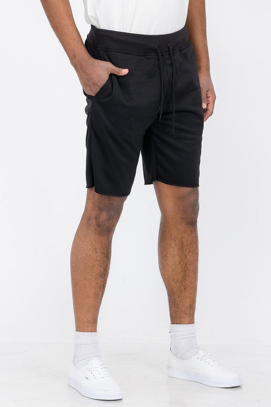 Raw Cut Sweat Shorts for Men black cotton polyester shorts with pockets