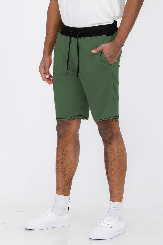 Raw Cut Sweat Shorts for Men olive green cotton polyester shorts with pockets