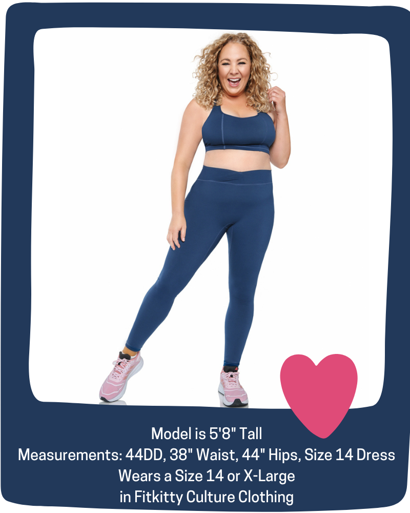 Woman wearing a blue athletic outfit with text about measurements and clothing size.