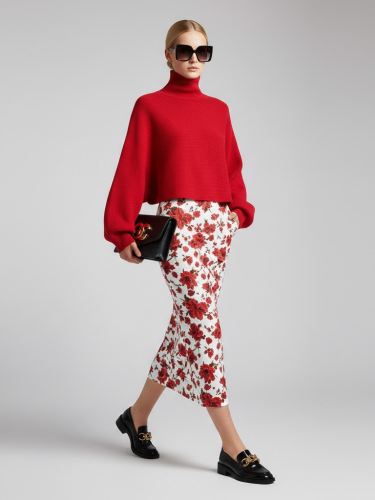 Red Knit Sweater with Peris Neck and Puff Sleeves • BYMANYC ® New York-2