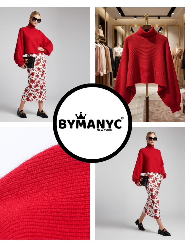 Red Knit Sweater with Peris Neck and Puff Sleeves • BYMANYC ® New York-3
