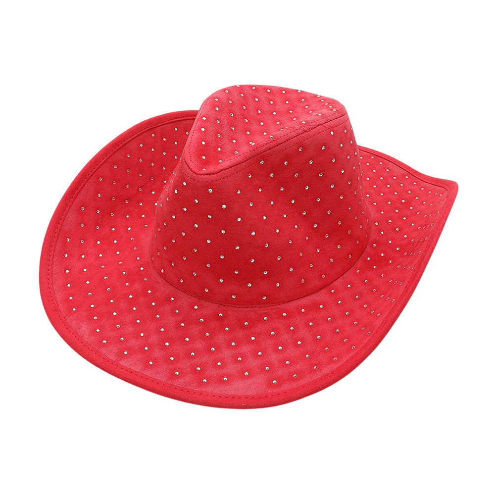 Rhinestone Embellished Faux Suede Western Cowboy Fedora Hat