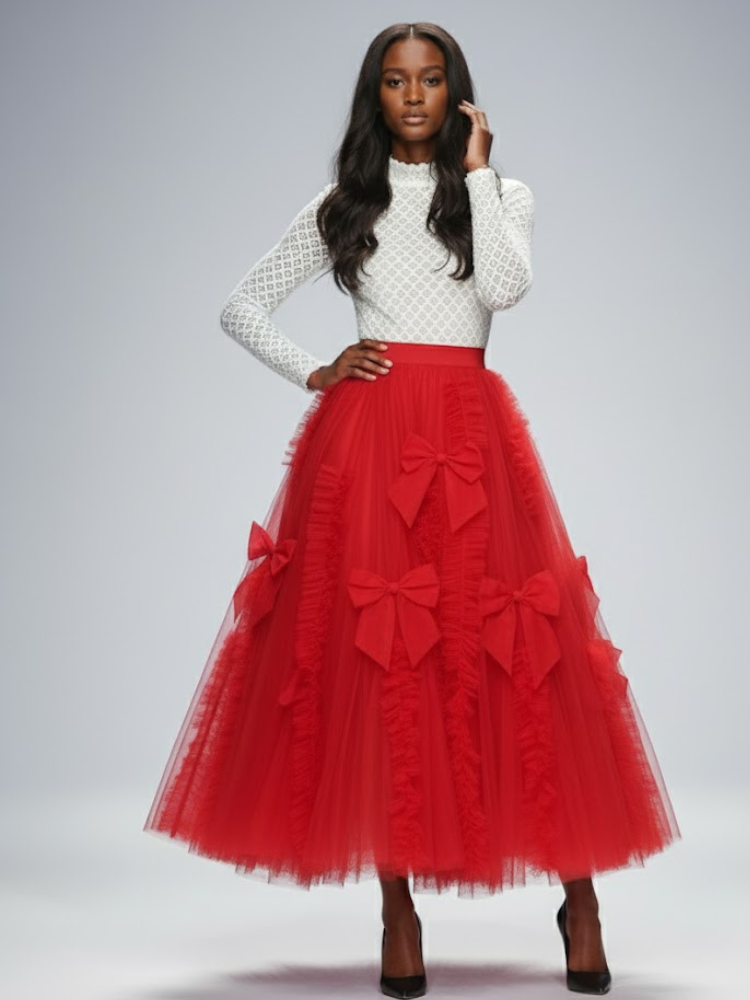 Red Tulle-Bow Midi Skirt SOHO: Prêt-à-Porter Line BYMANYC ® New York-1