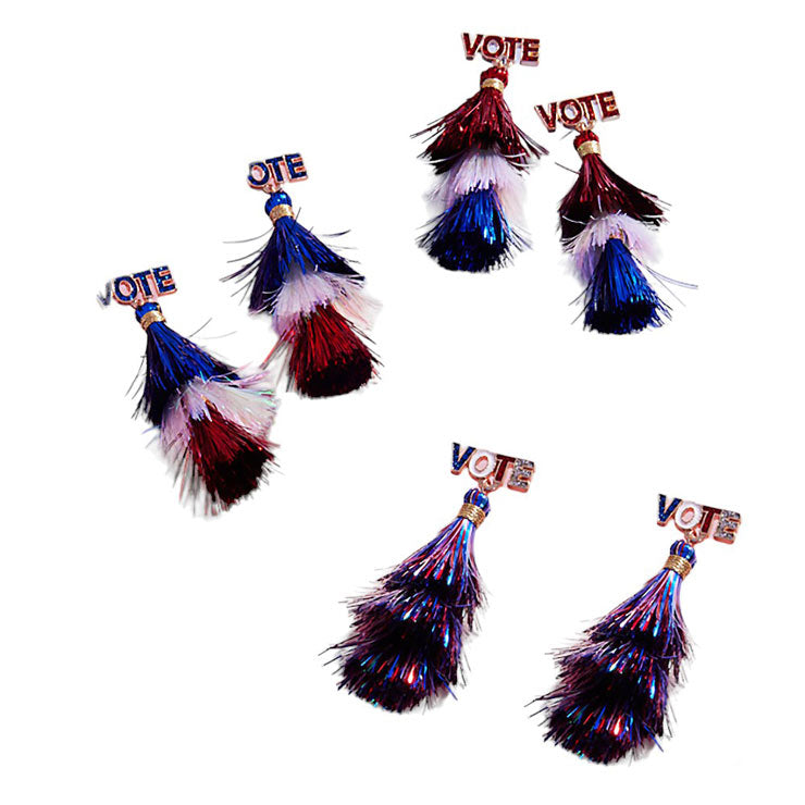 VOTE Pointed American USA Colored Tassel Dangle Earrings