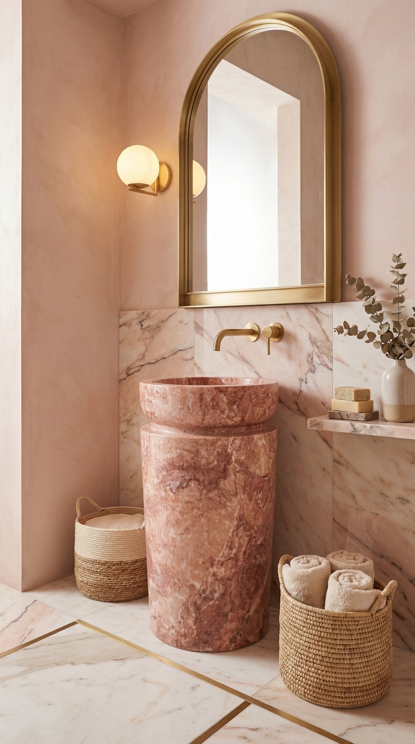 Red Travertine Designer Pedestal Stand-Alone Fluted Sink (W)18" (L)18" (H)33"