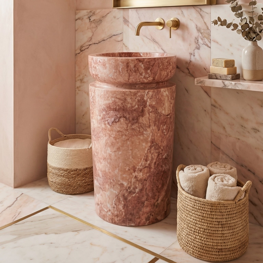 Red Travertine Designer Pedestal Stand-Alone Fluted Sink (W)18" (L)18" (H)33"
