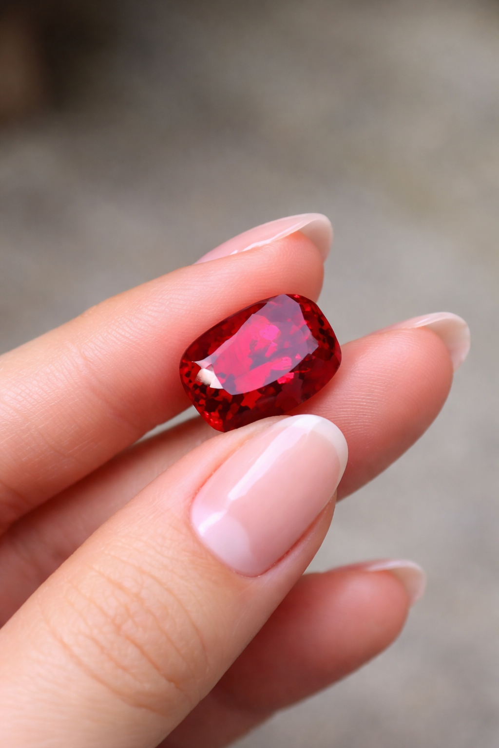Red gemstone held between fingers against a blurred background