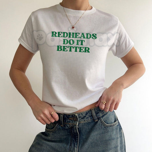 "Redheads Do It Better" Baby Tee - Sassy Red Hair Pride Graphic Top, Y2K Style Gingers Rule Crop Tee, Premium 100% Cotton Redhead Gift, Trendy Aesthetic Slogan Shirt, Soft Lived-In Heavyweight Fitted Tee