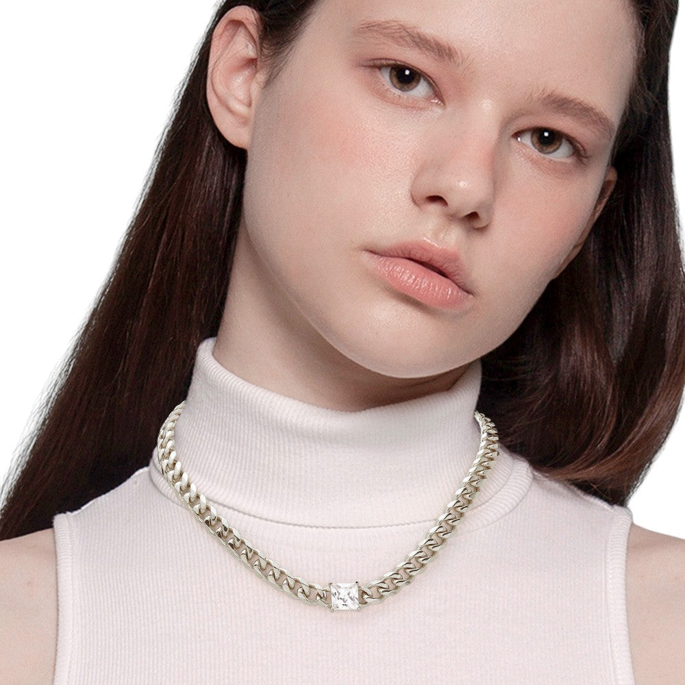 18K Gold Dipped Stainless Steel CZ Square Stone Necklace