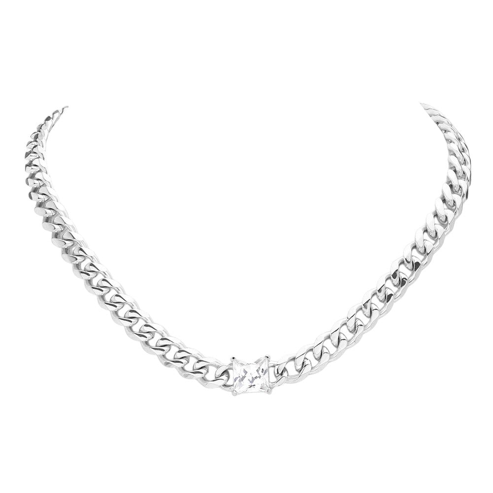 18K Gold Dipped Stainless Steel CZ Square Stone Necklace