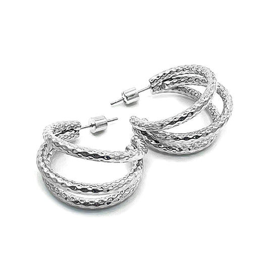 Stainless Steel Textured Split Hoop Earrings