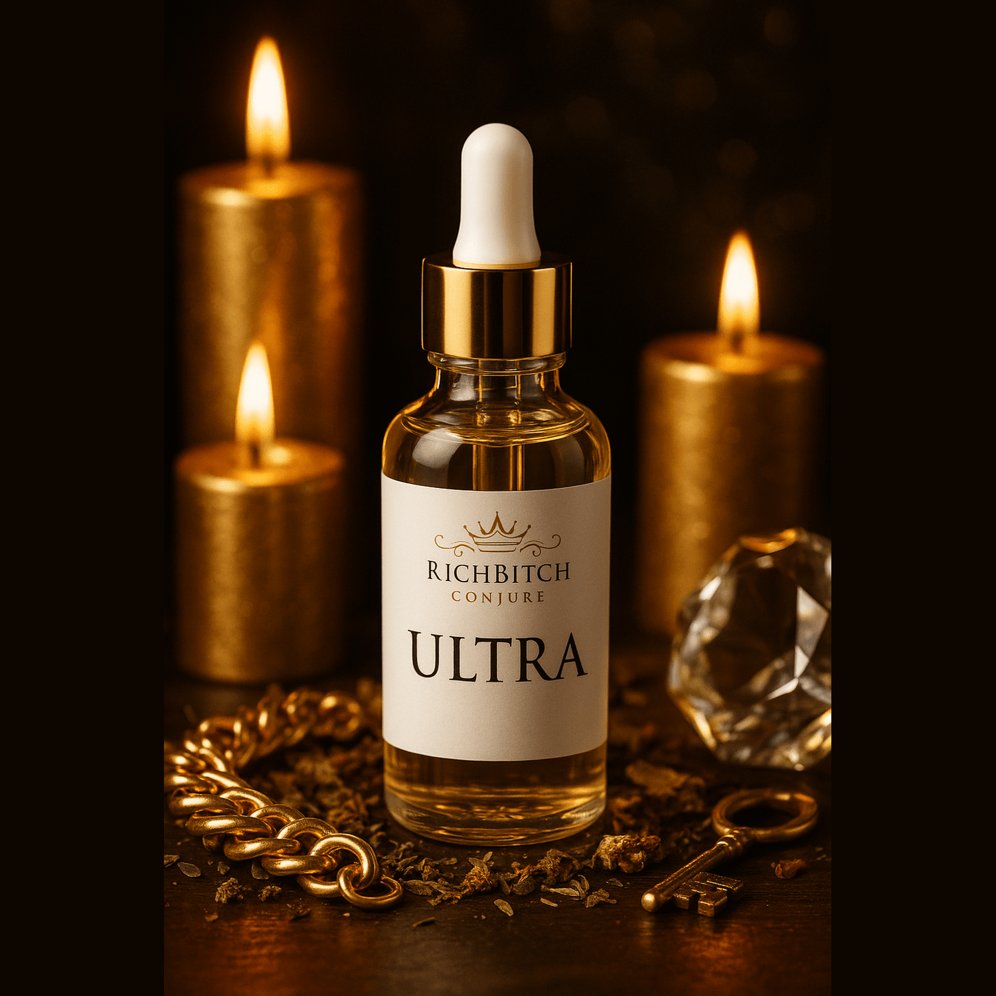 Bottle labeled 'Richbitch Conjure Ultra' with candles and decorative items on a dark background. Rich Bitch Conjure’s ULTRA Conjure Oil for Luxury, Beauty, and Magnetic Attraction