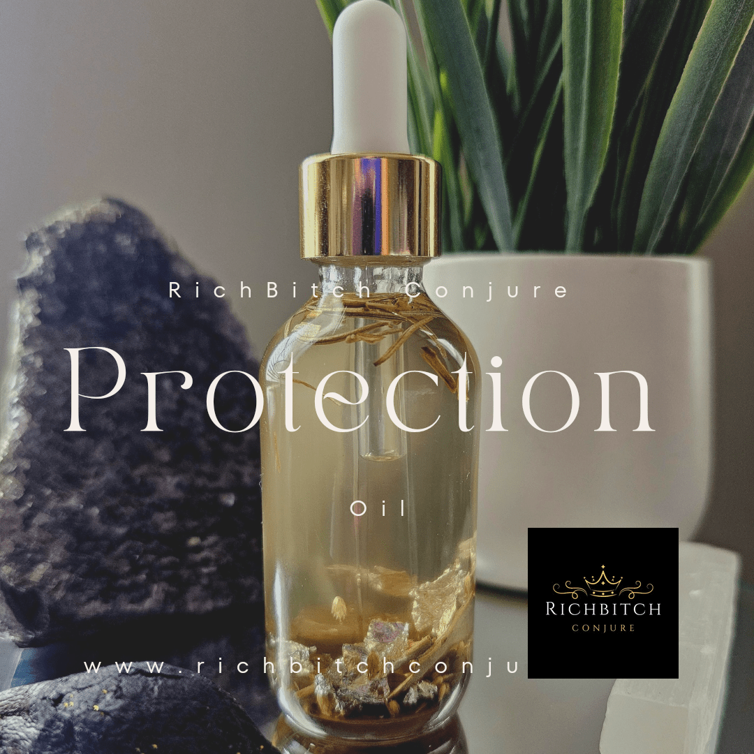 Bottle of 'Protection Oil' with decorative elements on a neutral background. Rich Bitch Conjure's Can't Touch This Protection Oil