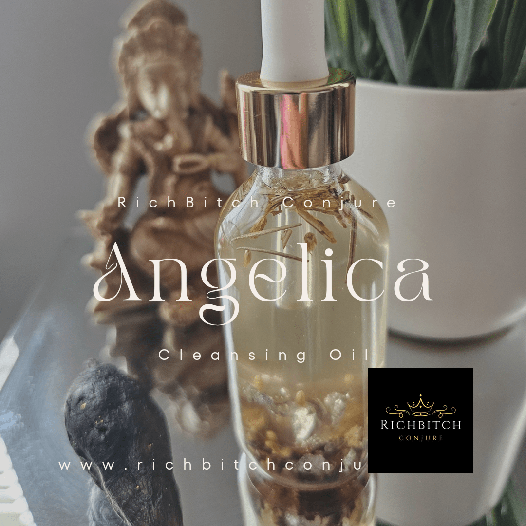 Cleansing oil bottle labeled 'Angelica' with decorative elements in the background. Rich Bitch Conjure's Cleansing Oil  | Angelica