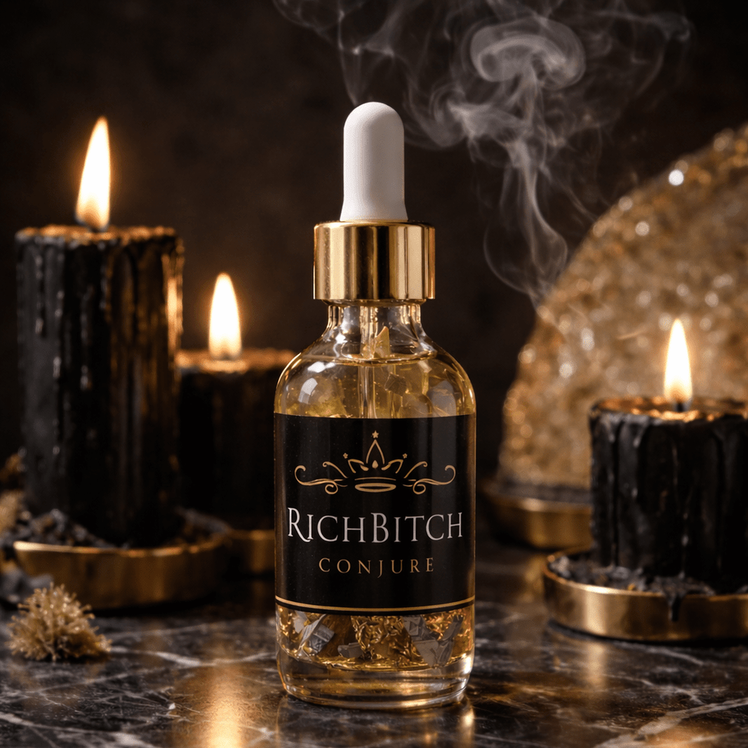 Bottle labeled 'Richbitch Conjure' with smoke, candles, and decorative elements on a dark background. Rich Bitch Conjure's Damian Oil for Intense Domination
