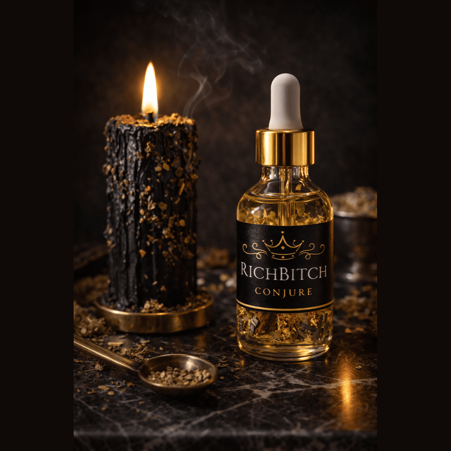 Bottle of 'Richbitch Conjure' with a candle and spoon on a dark surface. Rich Bitch Conjure's Damian Oil for Intense Domination
