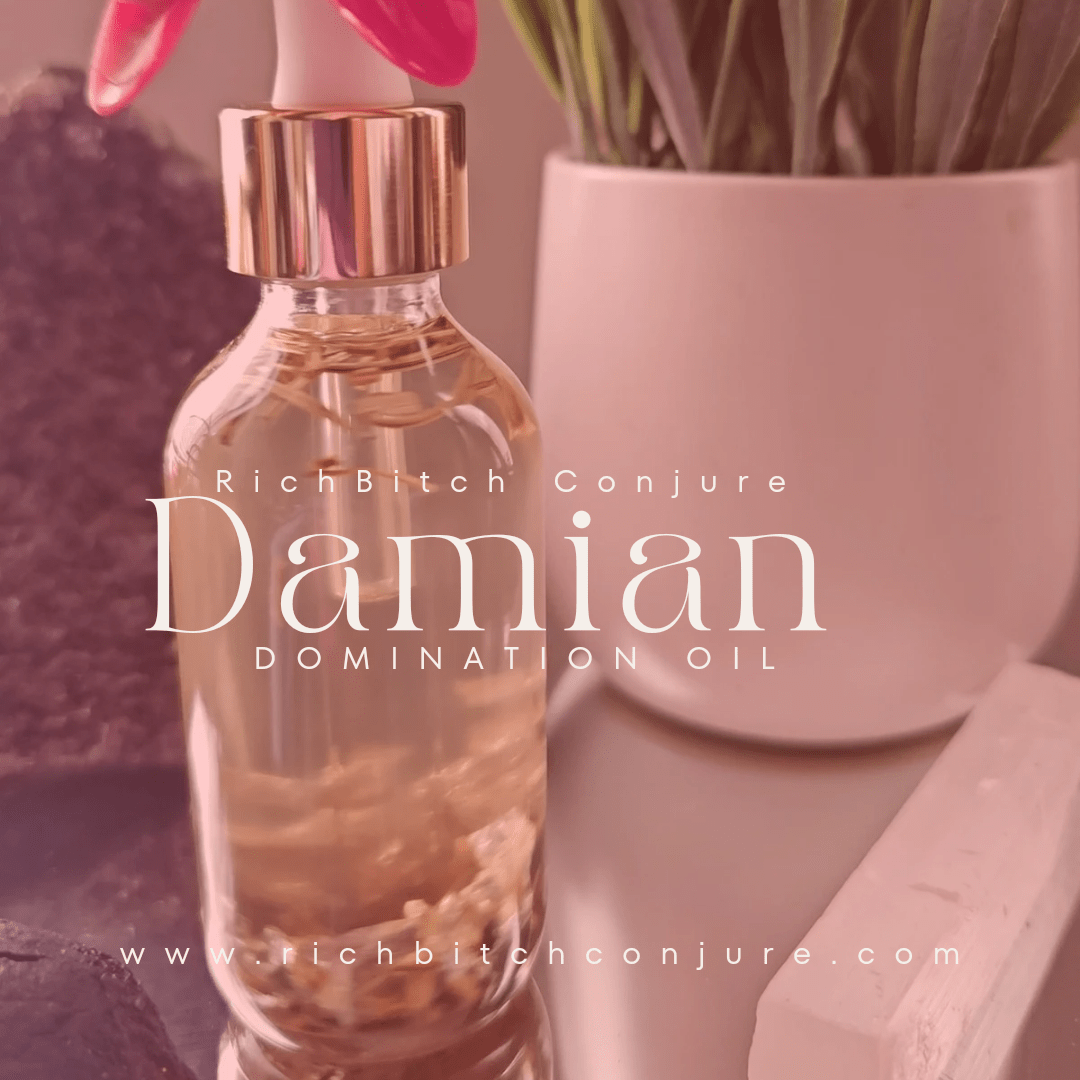Bottle of 'Damian Domination Oil' with a pink background. Rich Bitch Conjure's Damian Oil for Intense Domination