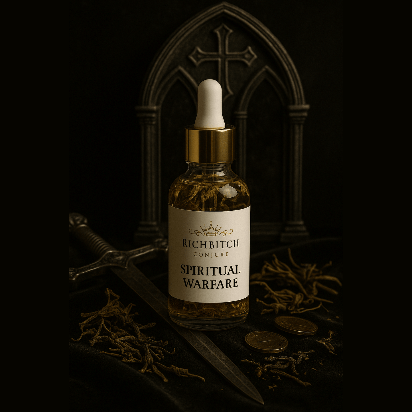 Bottle labeled 'Spiritual Warfare' with a dropper on a dark background with a sword and coins. Rich Bitch Conjure’s Spiritual Warfare Oil for Protection, Reversal, and Victory Over Enemies