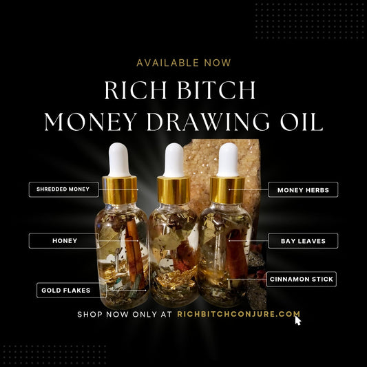 Three dropper bottles with ingredients labeled on a black background, promoting 'Rich Bitch Money Drawing Oil'. Rich Bitch Money Drawing Hoodoo Conjure Oil | Money Attraction Oil | Wealth Ritual Oil | Prosperity Rootwork Oil | Abundance Spiritual Supply