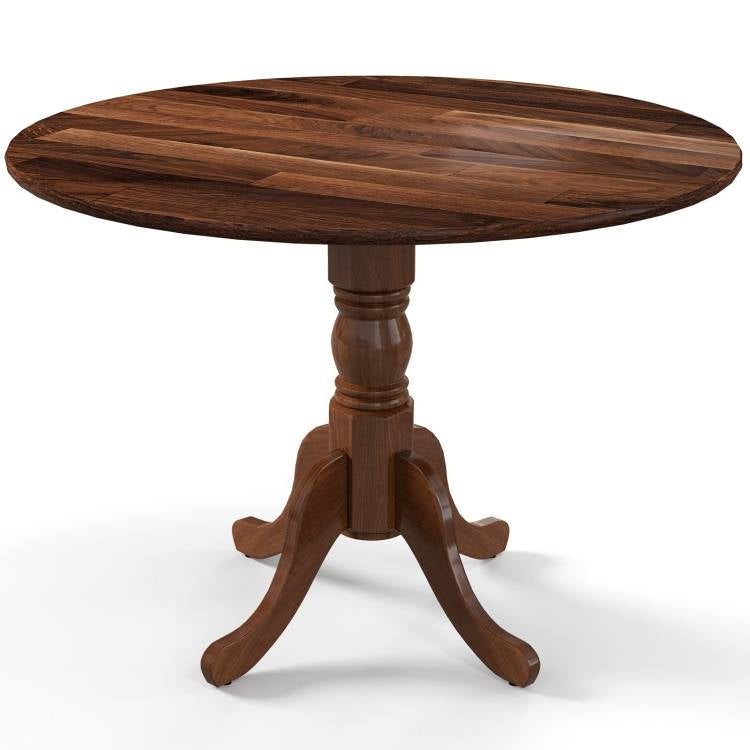 Wooden round table with a pedestal base on a white background. Round 40-inch Solid Wood Farmhouse Kitchen Dining Table in Medium Brown Finish